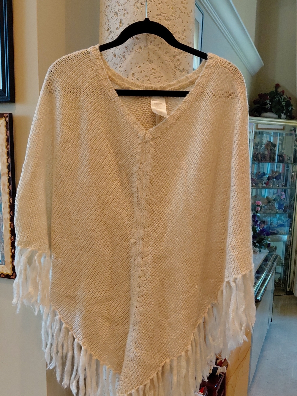 Cream V-Neck Fringe Knit Poncho Sweater